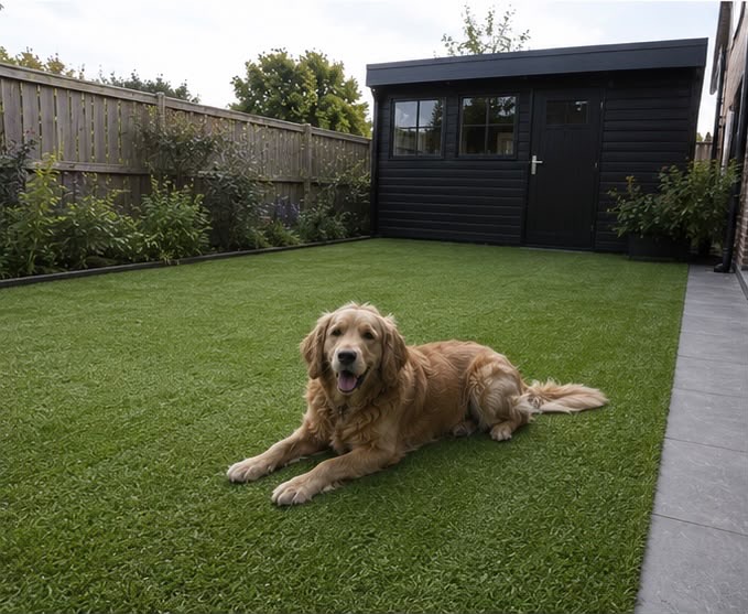 Golden retriever ligt ontspannen op zacht kunstgras in een moderne tuin