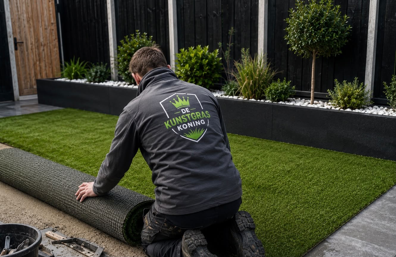 Vakman rolt kunstgras uit in een Nederlandse tuin